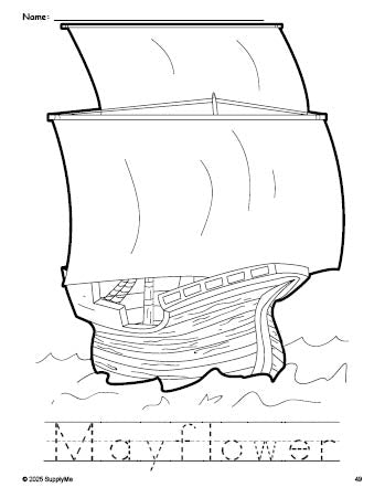 Free printable Mayflower Thanksgiving coloring page and word tracing worksheet, perfect for preschool, pre-k, and kindergarten, PDF