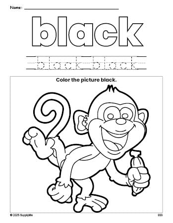 Free monkey color black coloring page and color worksheet, black worksheet for preschoolers to learn colors, printable PDF