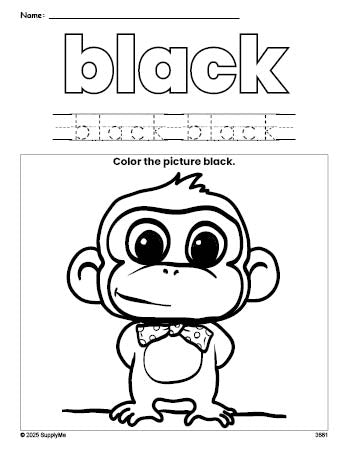 Free monkey color black coloring page and color worksheet, black worksheet for preschoolers to learn colors, printable PDF