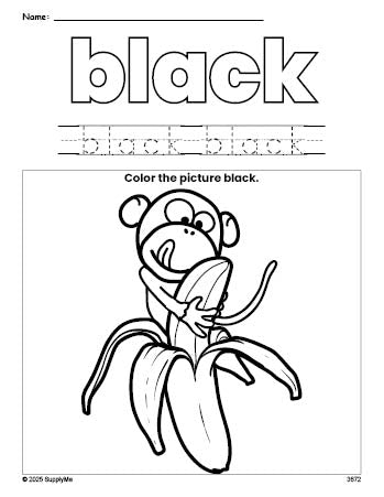 Free monkey color black coloring page and color worksheet, black worksheet for preschoolers to learn colors, printable PDF