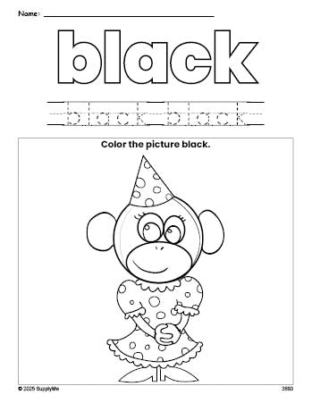 Free monkey color black coloring page and color worksheet, black worksheet for preschoolers to learn colors, printable PDF