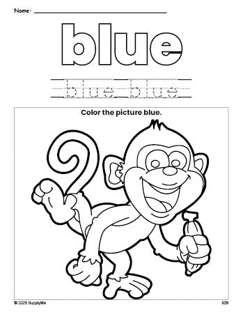 Free monkey color blue coloring page and color worksheet, blue worksheet for preschoolers to learn colors, printable PDF