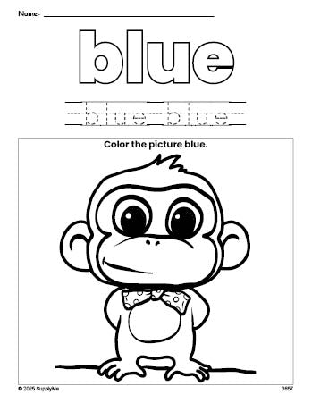 Free monkey color blue coloring page and color worksheet, blue worksheet for preschoolers to learn colors, printable PDF