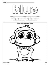 Free monkey color blue coloring page and color worksheet, blue worksheet for preschoolers to learn colors, printable PDF