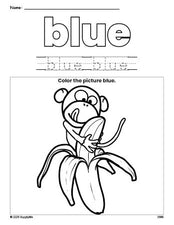 Free monkey color blue coloring page and color worksheet, blue worksheet for preschoolers to learn colors, printable PDF