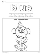 Free monkey color blue coloring page and color worksheet, blue worksheet for preschoolers to learn colors, printable PDF