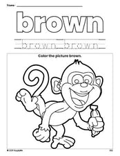 Free monkey color brown coloring page and color worksheet, brown worksheet for preschoolers to learn colors, printable PDF