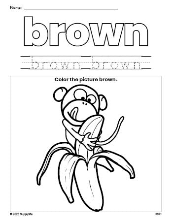 Free monkey color brown coloring page and color worksheet, brown worksheet for preschoolers to learn colors, printable PDF