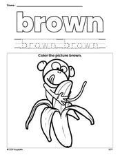 Free monkey color brown coloring page and color worksheet, brown worksheet for preschoolers to learn colors, printable PDF