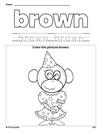 Free monkey color brown coloring page and color worksheet, brown worksheet for preschoolers to learn colors, printable PDF