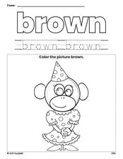 Free monkey color brown coloring page and color worksheet, brown worksheet for preschoolers to learn colors, printable PDF