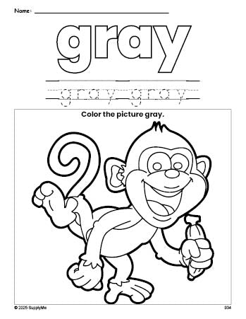 Free monkey color gray coloring page and color worksheet, gray worksheet for preschoolers to learn colors, printable PDF