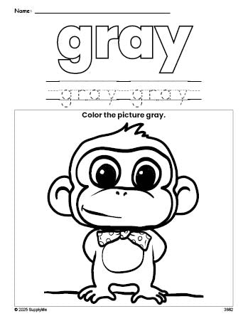 Free monkey color gray coloring page and color worksheet, gray worksheet for preschoolers to learn colors, printable PDF