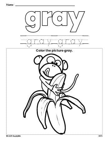 Free monkey color gray coloring page and color worksheet, gray worksheet for preschoolers to learn colors, printable PDF