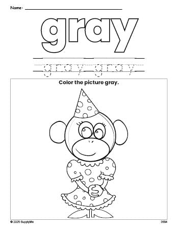 Free monkey color gray coloring page and color worksheet, gray worksheet for preschoolers to learn colors, printable PDF