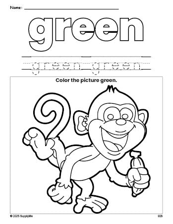 Free monkey color green coloring page and color worksheet, green worksheet for preschoolers to learn colors, printable PDF