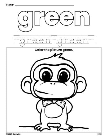 Free monkey color green coloring page and color worksheet, green worksheet for preschoolers to learn colors, printable PDF