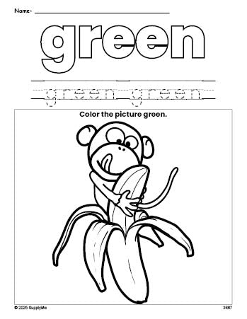 Free monkey color green coloring page and color worksheet, green worksheet for preschoolers to learn colors, printable PDF