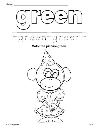 Free monkey color green coloring page and color worksheet, green worksheet for preschoolers to learn colors, printable PDF