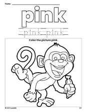 Free monkey color pink coloring page and color worksheet, pink worksheet for preschoolers to learn colors, printable PDF