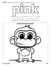 Free monkey color pink coloring page and color worksheet, pink worksheet for preschoolers to learn colors, printable PDF