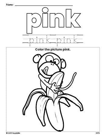 Free monkey color pink coloring page and color worksheet, pink worksheet for preschoolers to learn colors, printable PDF