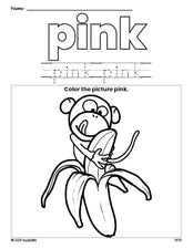 Free monkey color pink coloring page and color worksheet, pink worksheet for preschoolers to learn colors, printable PDF