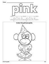 Free monkey color pink coloring page and color worksheet, pink worksheet for preschoolers to learn colors, printable PDF