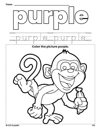 Free monkey color purple coloring page and color worksheet, purple worksheet for preschoolers to learn colors, printable PDF