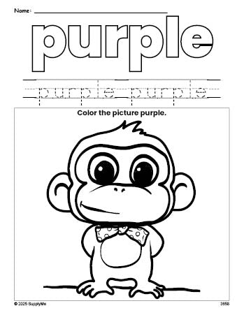 Free monkey color purple coloring page and color worksheet, purple worksheet for preschoolers to learn colors, printable PDF