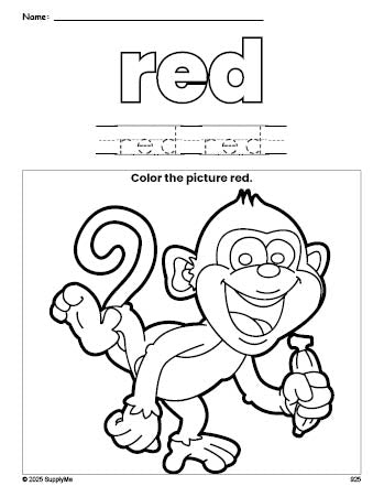 Free monkey color red coloring page and color worksheet, red worksheet for preschoolers to learn colors, printable PDF