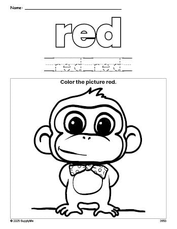 Free monkey color red coloring page and color worksheet, red worksheet for preschoolers to learn colors, printable PDF