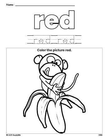 Free monkey color red coloring page and color worksheet, red worksheet for preschoolers to learn colors, printable PDF