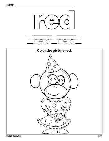 Free monkey color red coloring page and color worksheet, red worksheet for preschoolers to learn colors, printable PDF