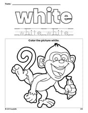 Free monkey color white coloring page and color worksheet, white worksheet for preschoolers to learn colors, printable PDF