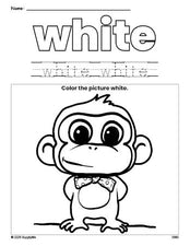 Free monkey color white coloring page and color worksheet, white worksheet for preschoolers to learn colors, printable PDF