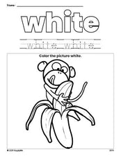 Free monkey color white coloring page and color worksheet, white worksheet for preschoolers to learn colors, printable PDF