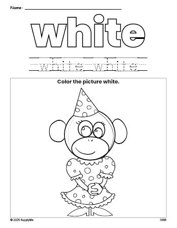 Free monkey color white coloring page and color worksheet, white worksheet for preschoolers to learn colors, printable PDF