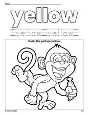 Free monkey color yellow coloring page and color worksheet, yellow worksheet for preschoolers to learn colors, printable PDF