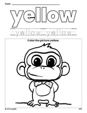 Free monkey color yellow coloring page and color worksheet, yellow worksheet for preschoolers to learn colors, printable PDF