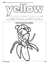 Free monkey color yellow coloring page and color worksheet, yellow worksheet for preschoolers to learn colors, printable PDF