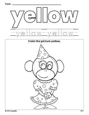 Free monkey color yellow coloring page and color worksheet, yellow worksheet for preschoolers to learn colors, printable PDF