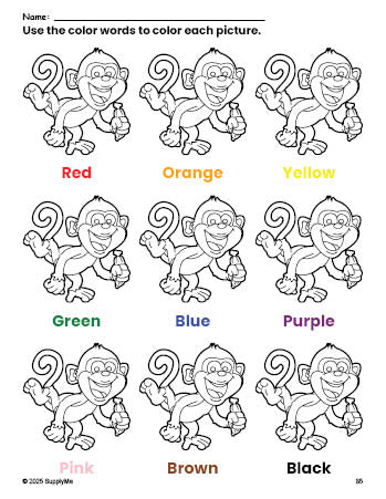 Free monkey coloring page and color worksheet for preschoolers to learn colors, printable PDF