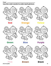 Free monkey coloring page and color worksheet for preschoolers to learn colors, printable PDF