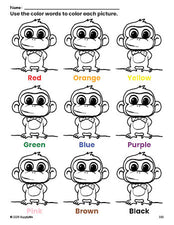 Free monkey coloring page and color worksheet for preschoolers to learn colors, printable PDF