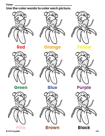 Free monkey coloring page and color worksheet for preschoolers to learn colors, printable PDF