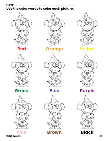 Free monkey coloring page and color worksheet for preschoolers to learn colors, printable PDF