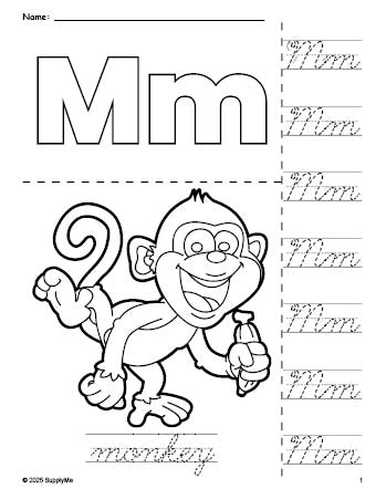 Free printable monkey coloring page and cursive letter tracing worksheet, letter m worksheet for preschool, pre-k, and kindergarten, PDF