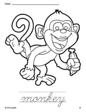 Free printable monkey coloring page and cursive word tracing worksheet, perfect for preschool, pre-k, and kindergarten, PDF