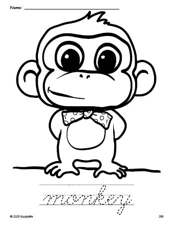 Free printable monkey coloring page and cursive word tracing worksheet, perfect for preschool, pre-k, and kindergarten, PDF